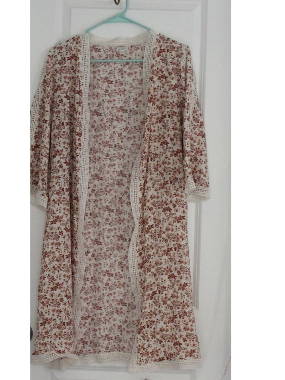 Women's Long Kimono Cardigan Floral Open Front Sz Small White Lace trim